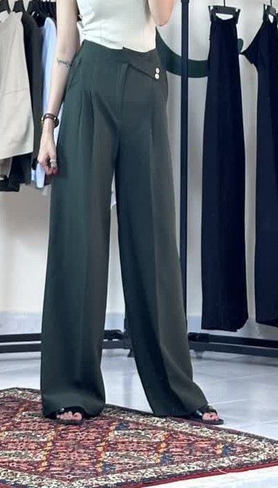 شلوار پارچهای زنانه فاقبلند با دیزاین کمربند کراسی