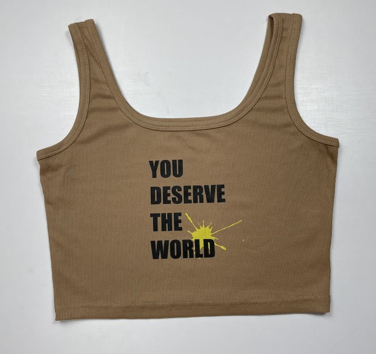 نیمتیشرت زنانه ریب کشی طرحدار | رنگ کرمی با نوشته You Deserve The World