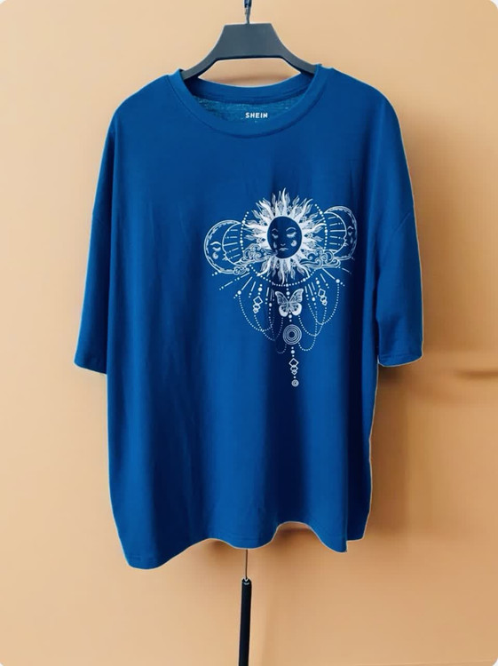 تیشرت آبی طرح خورشید و ماه زنانه | شین SHEIN