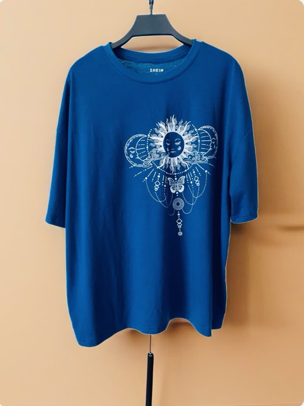 تیشرت آبی طرح خورشید و ماه زنانه | شین SHEIN