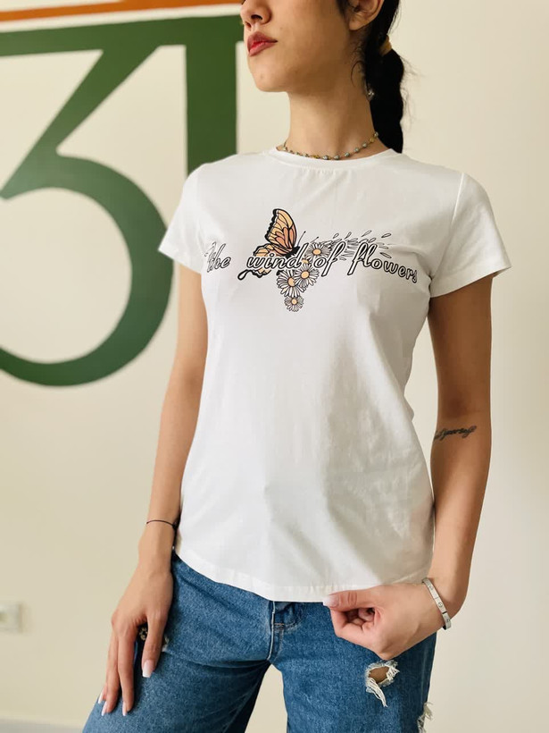 تیشرت سفید زنانه طرح گل و پروانه | جنس کتان | مدل جذب برند Shein