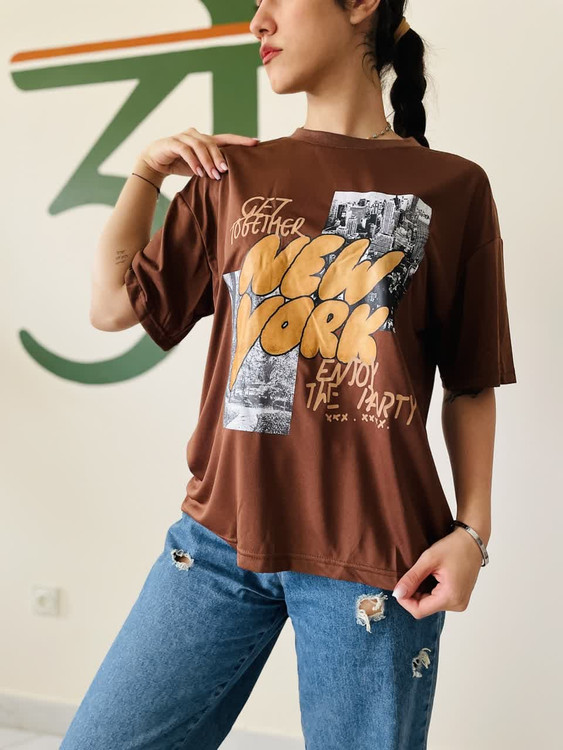 تیشرت زنانه طرح چاپی | رنگ قهوه ای | مدل یقه گرد