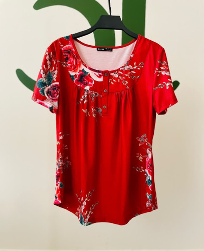 پیراهن زنانه یقه گرد گلدار_ رنگ قرمز خاص_ مناسب مهمونی و روزمره