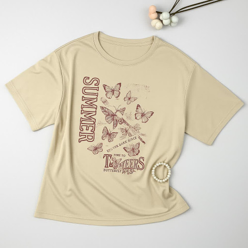 تیشرت زنانه چاپ دار مینیمال | رنگ بژ | مدل یقه گرد