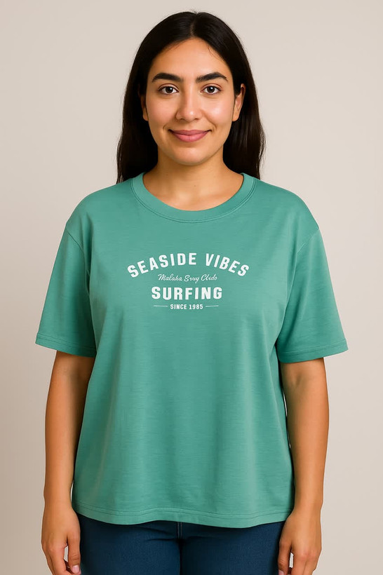 تیشرت نخی سبز آبی طرح Seaside Vibes - شین