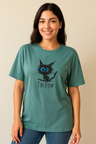 تیشرت سبز طرح گربه دخترانه | استایل روزمره و فانتزی برند SHEIN"