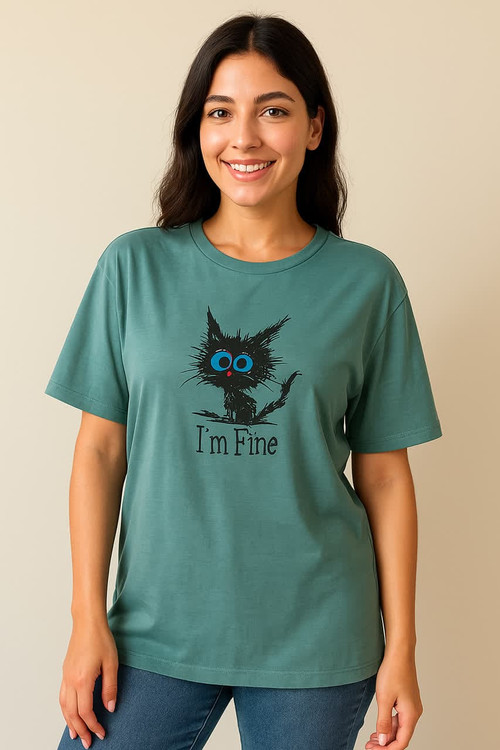 تیشرت سبز طرح گربه دخترانه | استایل روزمره و فانتزی برند SHEIN"