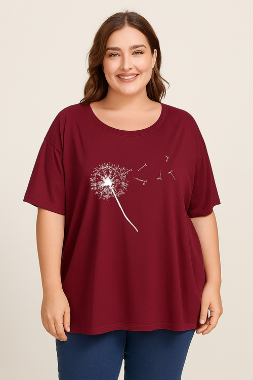 تیشرت دخترانه سایز بزرگ طرح قاصدک | تیشرت زرشکی راحت و شیک زنانه