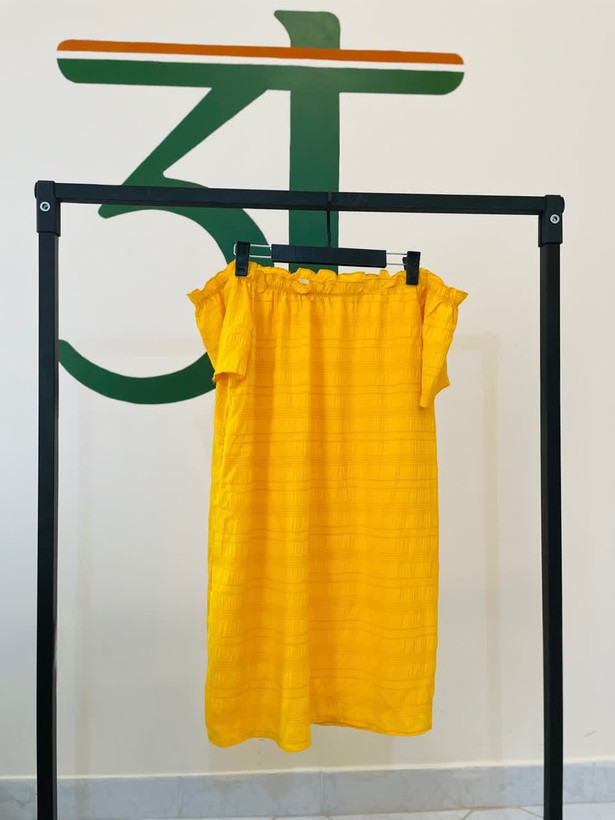 پیراهن زنانه آف شولدر زرد | لباس تابستانی شانه باز برند شین