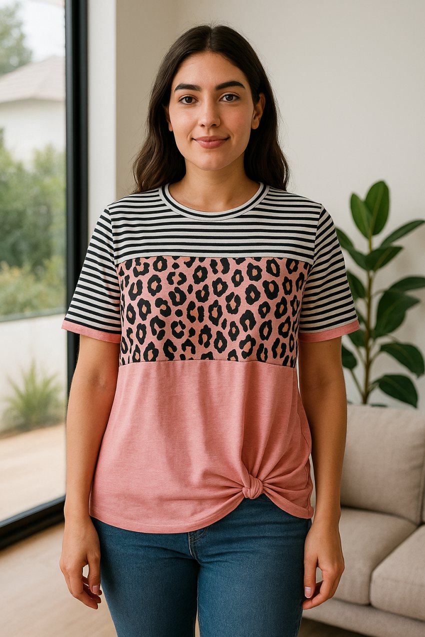 تیشرت گره‌ای زنانه طرح پلنگی و راه‌راه