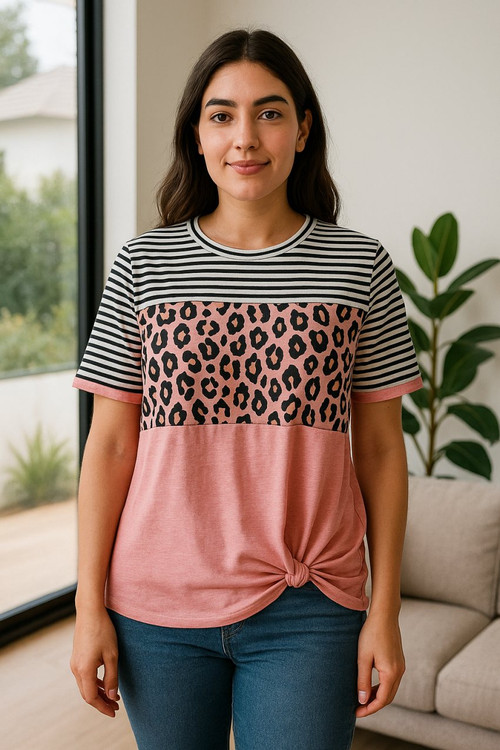 تیشرت گرهای زنانه طرح پلنگی و راهراه