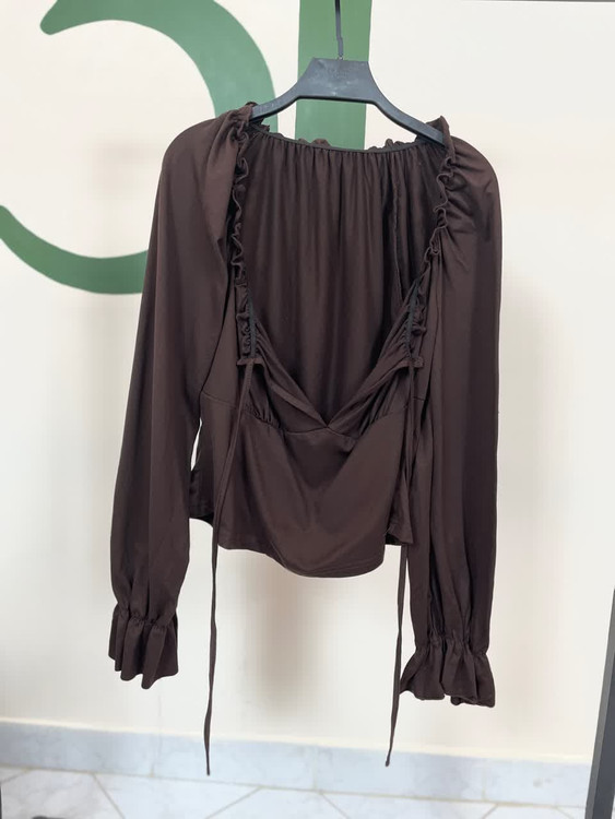 خرید بلوز زنانه آف شولدر آستین بلند قهوهای