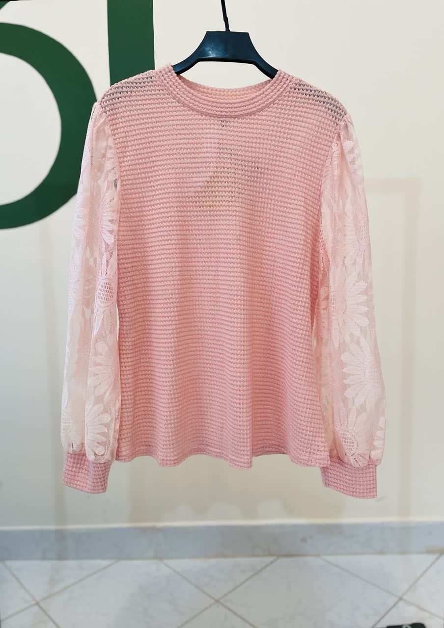 بلوز بافت دخترانه صورتی شیک با آستین تورگلدار