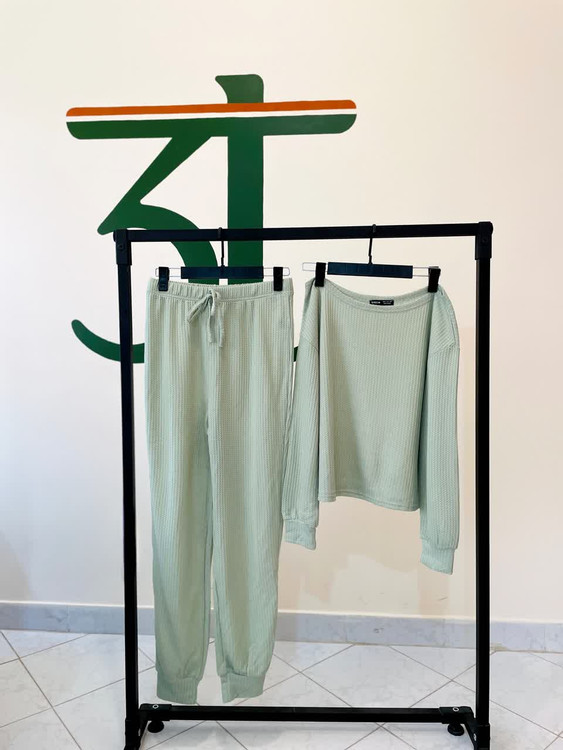 ست بافت زنانه سبز روشن بلوز و شلوار راحتی پاییزی