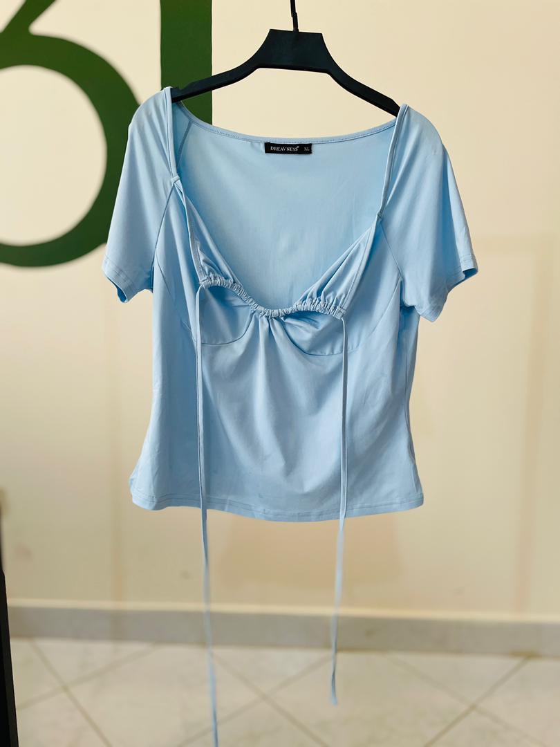 بلوز آبی کرست‌دار | چین‌دار زیر سینه با بند