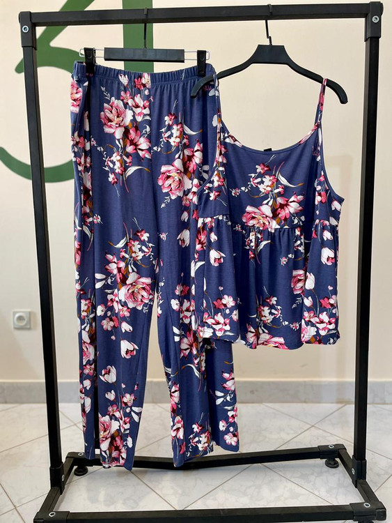 ست بلوز و شلوار زنانه گلدار آبی