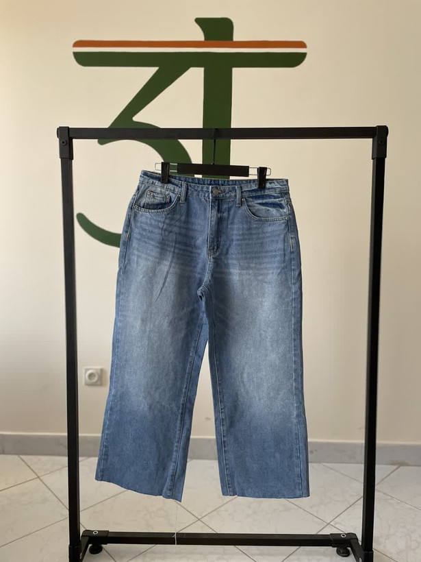 شلوار جین زنانه Wide Leg فاق بلند مدل کراپ – آبی یخی