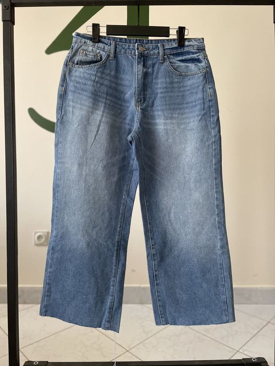 شلوار جین زنانه Wide Leg فاق بلند مدل کراپ – آبی یخی