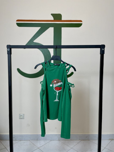 تاپ زنانه سبز بندی طرح جام کریسمسی | SHEIN