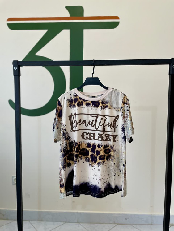 تیشرت زنانه طرح پلنگی Beautiful Crazy مدل اسپرت کژوال