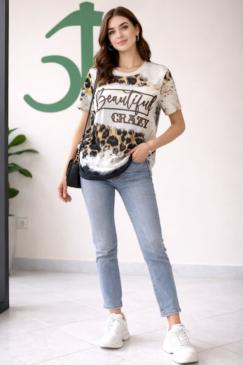 تیشرت زنانه طرح پلنگی Beautiful Crazy مدل اسپرت کژوال