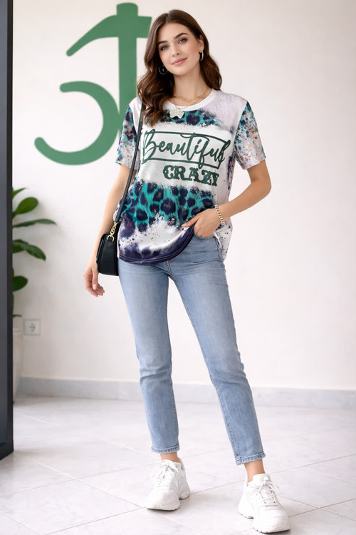 تیشرت زنانه طرح پلنگی Beautiful Crazy مدل اسپرت کژوال