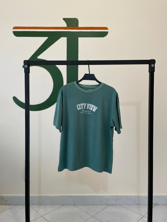 تیشرت زنانه طرح مینیمال چاپ City view | رنگ سبز | مدل یقه گرد